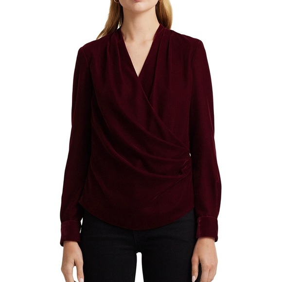 Ralph Lauren Tops - Ralph Lauren Velvet Black Label Suplice Merlot Burgundy Red crossover top size 2